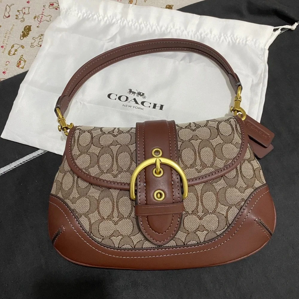 Coach Brown Signature Canvas Saddle Shoulder Bag with Gold Hardware